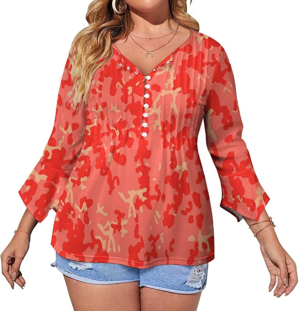 Living Coral Color Camo Pattern Cute Womens T-Shirts 3/4 Sleeve Button Down Tee Tops Blouse Summer Beach