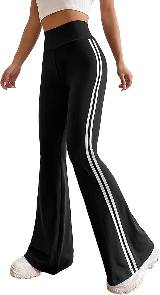 Floerns Women's Contrast Striped Elastic High Waist Workout Flare Leg Pants