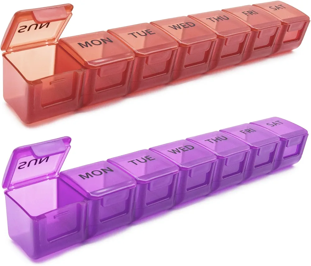 2 Pack Weekly Pill Organizer, Large 7 Day Pill Case, Daily Vitamin Case Medicine Box, AM/PM Pill Containers for Medicine Supplements Fish Oil (Red & Purple)