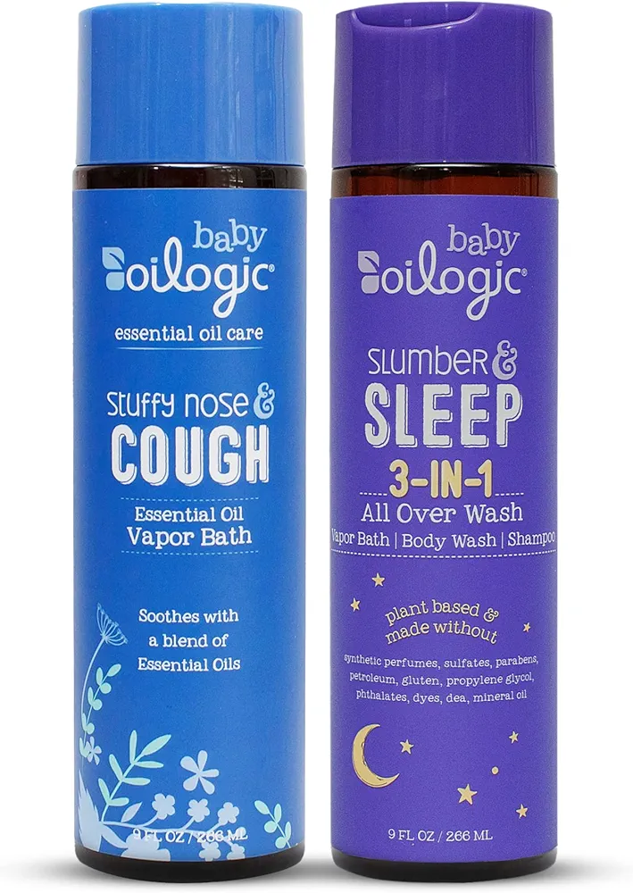 Oilogic Baby Vapor Bath Relief for Babies & Toddlers Bundle - 2-Pack (Slumber & Sleep, Stuffy Nose & Cough) - Baby Care Essentials for Tub Made with 100% Pure and Natural Blend of Essential Oils