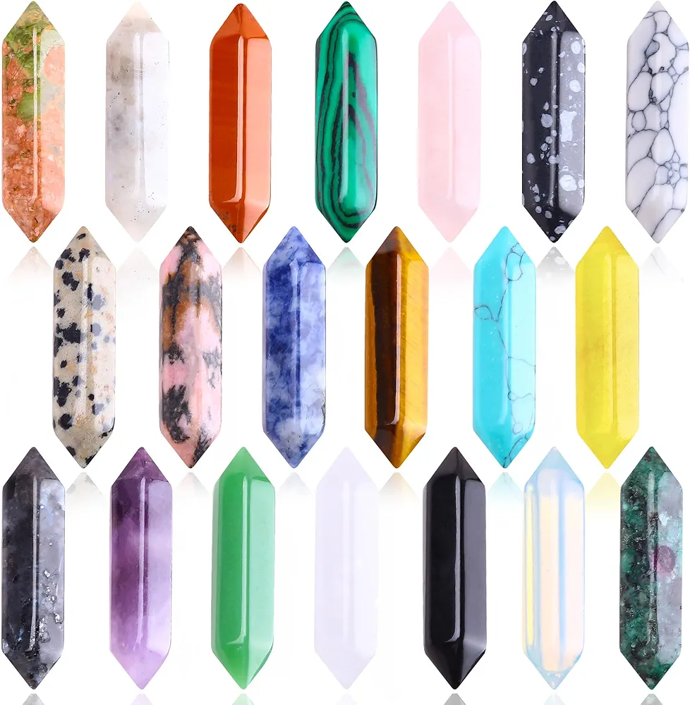 20Pcs Natural Healing Crystal Stoness Set - Hexagonal Bullet Shaped Crystal Gemstone Wand Set - Real Amethyst Rose Quartz Gems for Healing and Meditation Yoga