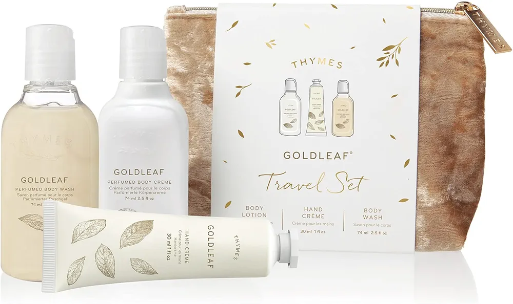 Thymes Perfumed Travel Set and Beauty Bag - Contains Body Wash, Body Lotion & Hand Cream - Goldleaf