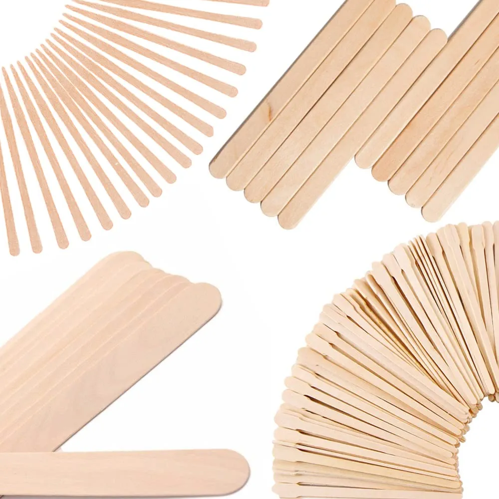 4 Style 300 Pcs Assorted Wooden Wax Sticks for Body Legs Face and Small Medium Large Sizes Eyebrow Waxing Applicator Spatulas for Hair Removal or Wood Craft Sticks