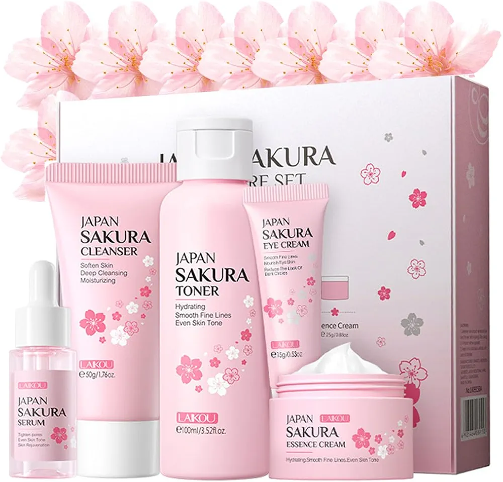 Sakura Skincare Kit for Teenage Girls Women, 5Pcs Skin Care Travel Present Set with Cleanser, Toner, Serum, Eye Cream, Face Cream