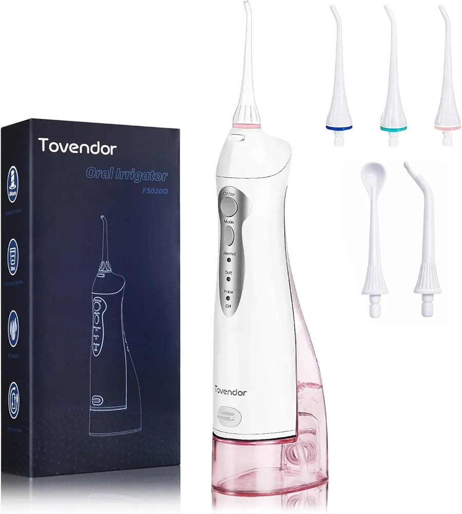 TOVENDOR Electric Water Flosser, Cordless Dental Oral Irrigator - 3 Modes, 5 Tips for Family Hygiene (300ML, Waterproof Waterflosser)