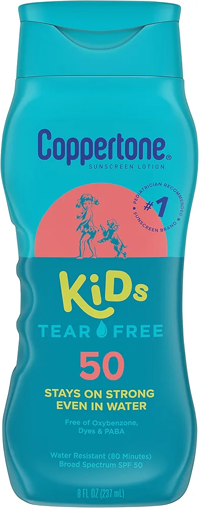 Coppertone Kids Sunscreen Lotion SPF 50, Water Resistant Sunscreen for Kids, #1 Pediatrician Recommended Sunscreen Brand, Tear Free Sunscreen Lotion, 8 Fl Oz Bottle