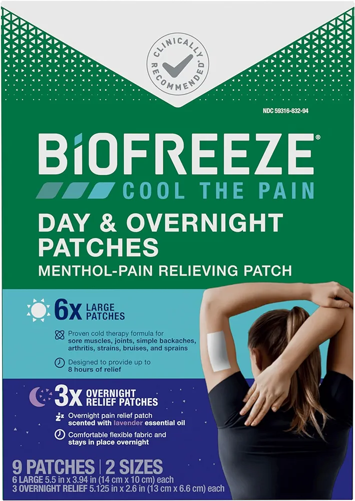 Biofreeze Day & Night Pain Relief Patches, Knee & Lower Back Pain Relief Patch, Sore Muscle Relief, Neck Pain Relief, Pharmacist Recommended, FSA Eligible, 9 Biofreeze Menthol Patches