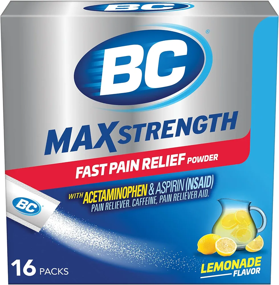 BC MAX Strength Fast Pain Relief Powder, Lemonade Flavor Aspirin 500mg and Acetaminophen 500mg Dissolve Packs, 16 Count