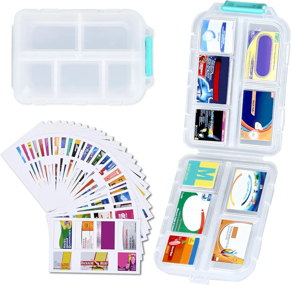 1Pack Pill Organizer Travel with 189 Medicine Labels, 10 Compartments Pill Container Travel Pill Box Purse Pill Case Compact Pill Organizer (White)