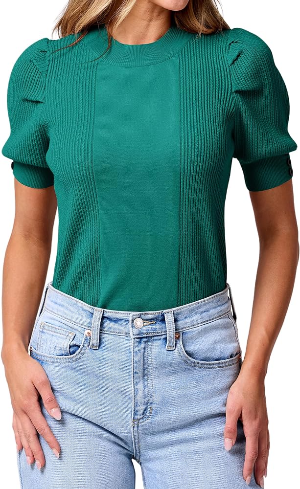 ANRABESS Women Puff Short Sleeve Sweater Tops Summer Casual Crewneck Knit Lightweight Soft Cute Pullover Blouses 2024 Outfits