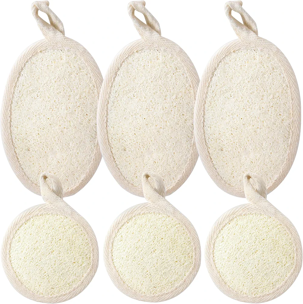 6PCS Face Exfoliating Loofah Pad Scrubber-Natural Luffa Facial Sponges Brush 3.15-inch Skin-Friendly Loofa Sponge for Women and Men Body Back Cleansing Exfoliation, Bath Shower(Oval, Round)