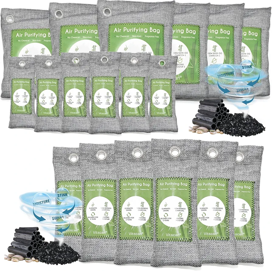 18 Pack Bamboo Charcoal Air Purifying Bag, Activated Charcoal Bags Odor Absorber, Moisture Absorber, Natural Car Air Freshener, Shoe Deodorizer, Odor Eliminators For Home, Pet, Closet (6x50g, 6x150g)