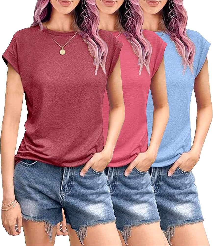 3 Pack Womens Cap Sleeve Shirts Summer Tops Crewneck Casual Dressy Basic T Shirts Loose Fit Trendy Tunic Tee