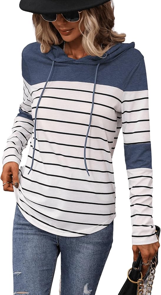 SweatyRocks Women's Striped Printed Color Block Hoodies Long Sleeve Drawstring Pullover Sweatshirt