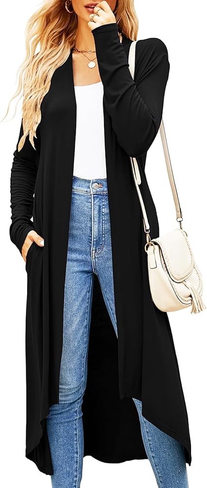 Newchoice Womens Long Cardigan Fall Casual Draped Open Front Lightweight Long Sleeve Cardigan Duster with Pockets