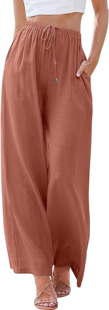 ANRABESS Women's Linen Summer Palazzo Pants Elastic Waist Casual Beach Trendy Wide Leg Trousers with Pockets