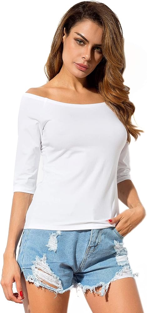 LUSMAY Womens Off Shoulder Top Half Sleeve Summer Cotton Blouses Boat Neck Tee Shirt