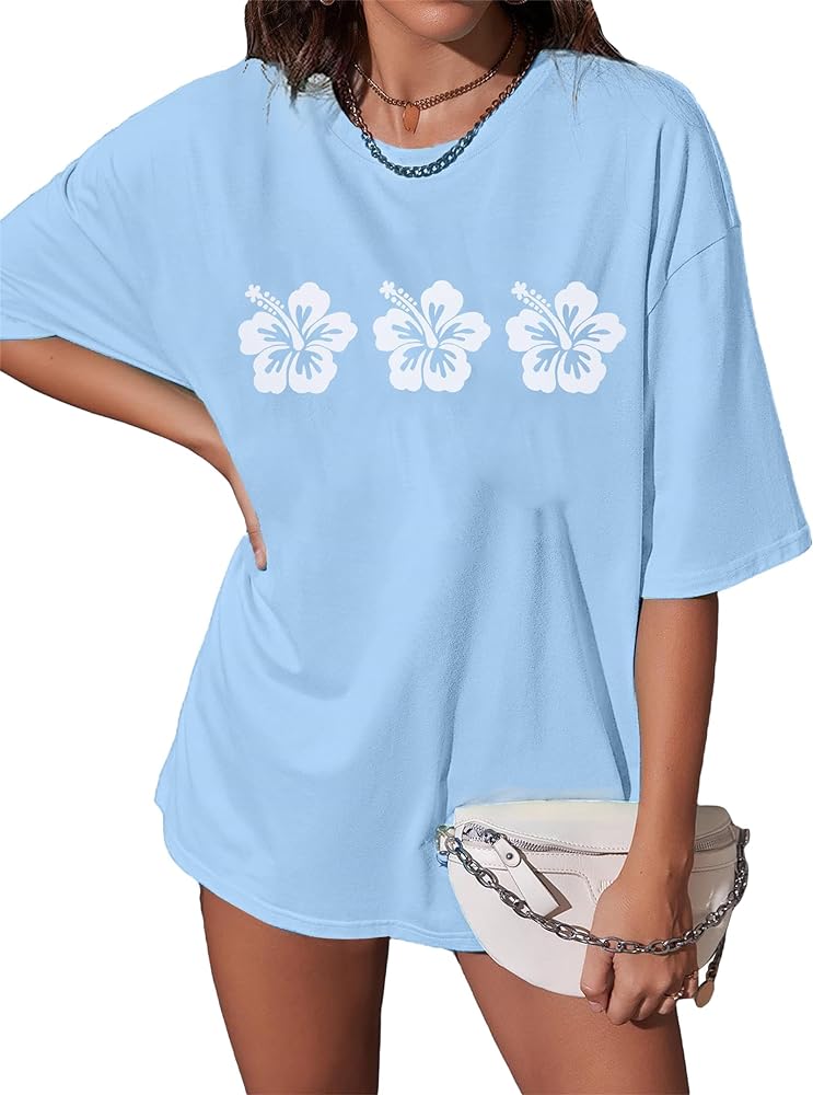 Oversized Hawaii Flowers Shirts Women Tropical Florals Sea Turtle T-Shirts Summer Beach Loose Blouse Vacation Tee Top