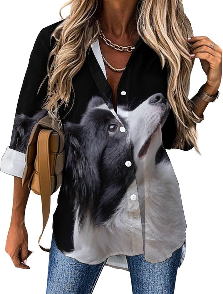 Portrait of an Lovely Border Collie Blouses for Women Hawaiian Button Down Long Sleeve Shirts Tees Tops