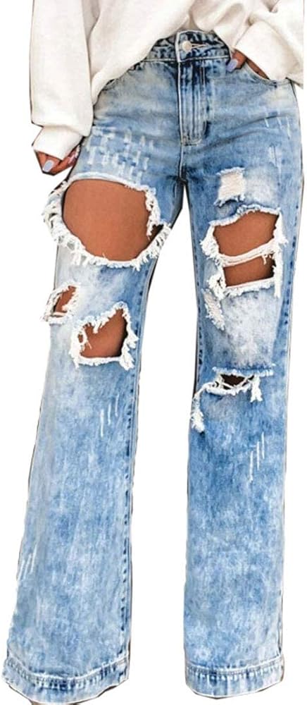 utcoco Womens Baggy Distressed Boyfriend Jeans Ripped Wide Leg Jeans for Women