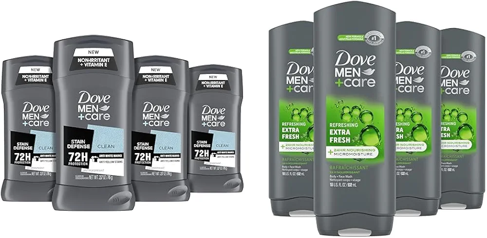 DOVE MEN + CARE Antiperspirant Deodorant 72-hour anti-stain Protection Invisible & Dove Men+Care Body Wash Extra Fresh 4 Count for Men's Skin Care Body Wash Effectively Washes