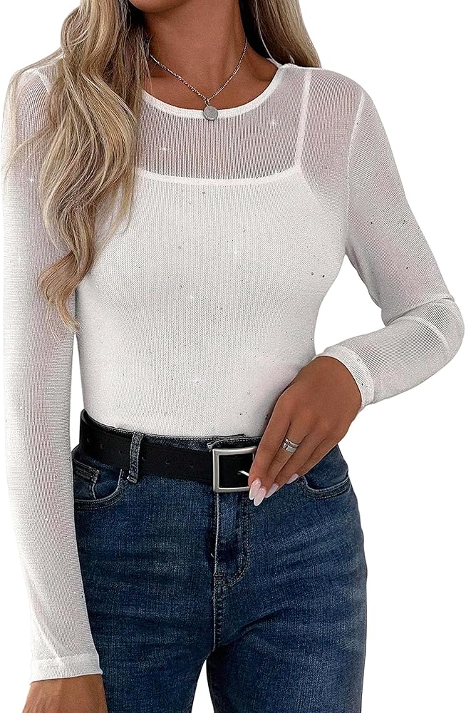 Allchic Glitter Sheer Mesh Tops for Women Long Sleeve Blouses Club T Shirts