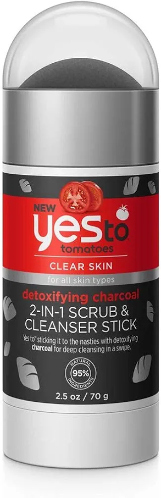 Yes To Tomatoes Clear Skin Detoxifying Charcoal 2 in 1 Face Scrub and Facial Cleanser Stick For Blemish Prone Skin, 95% Natural Ingredients, 2.5 Oz