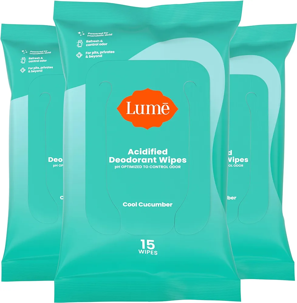 Lume Acidified Deodorant Wipes - 24 Hour Odor Control - Aluminum Free, Baking Soda Free, Skin Loving - Flushable - 15 Count (Pack of 3) (Cool Cucumber)