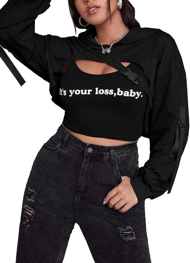 MakeMeChic Women's Women'S Plus Size Super Crop Hoodie Sweatshirt Buckle Tape Long Sleeve Tops