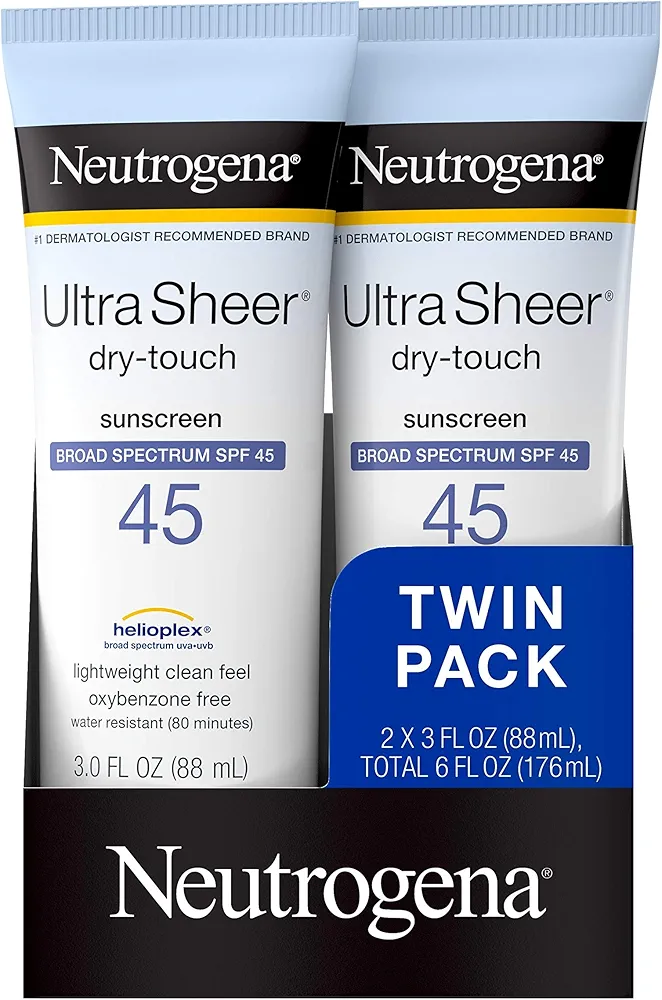 Neutrogena Ultra Sheer Dry-Touch Water Resistant and Non-Greasy Sunscreen Lotion with Broad Spectrum SPF 45, TSA-Compliant travel Size, 3 Fl Oz, Pack of 2, 6 Fl Oz