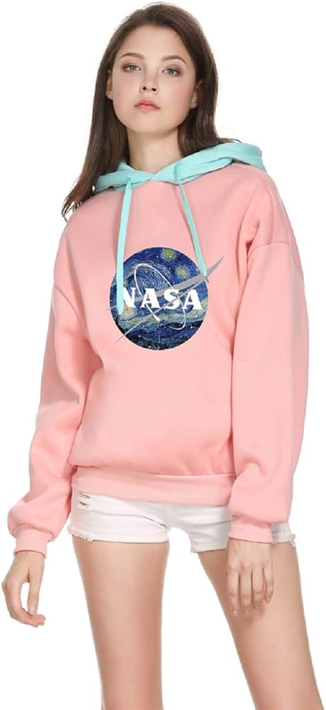 CORIRESHA Womens Color Block NASA Logo Print Drawstring Hoodie Sweatshirt