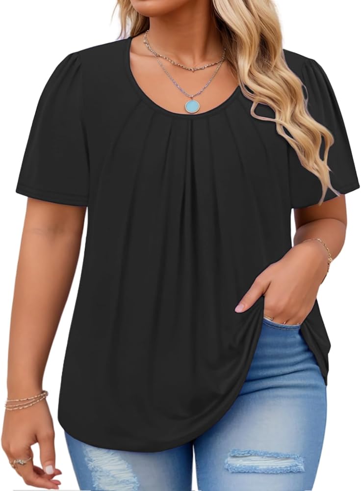 VISLILY Womens-Plus-Size-Summer-Tops Flowy Pleated T Shirts Crew Neck Short Sleeve Blouses Casual Loose Tunics Tee XL-5XL