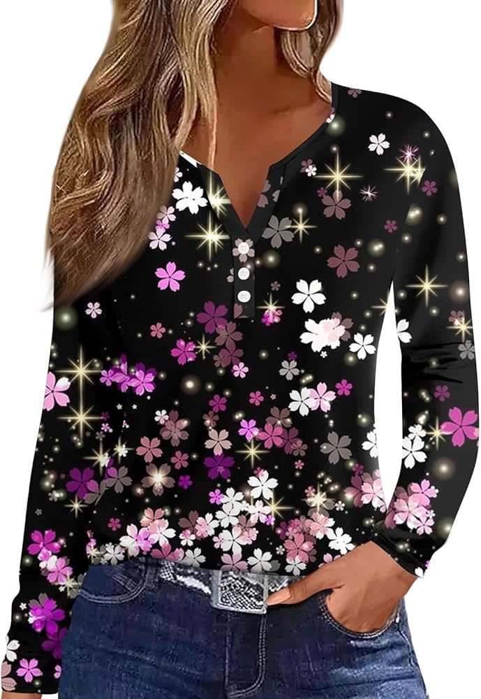 Long Sleeve Shirts for Women Loose Clothing V Neck Button Tops Long Sleeve Tees Tunics Floral Print Shirts