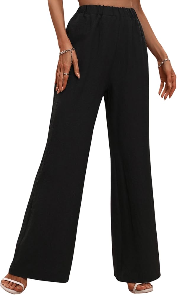 OYOANGLE Women's Casual High Elastic Waist Flare Wide Leg Pants Bell Bottom Trousers