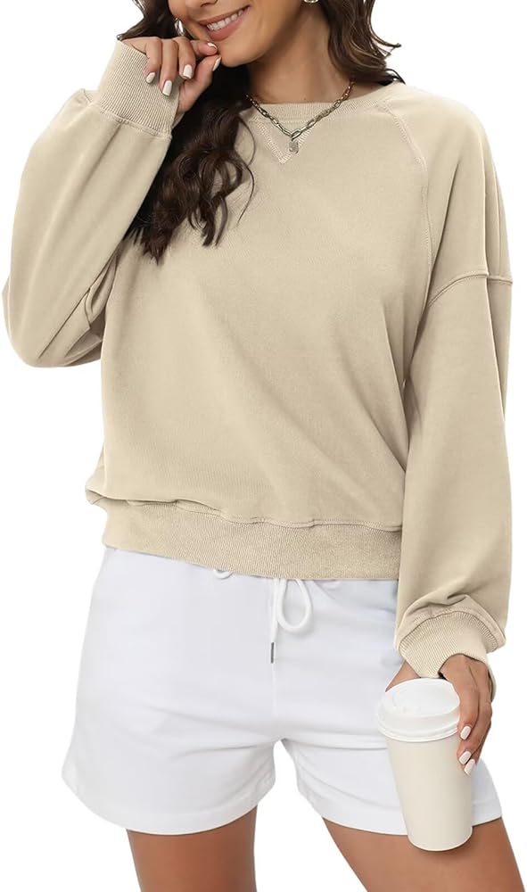 Women's Long Sleeve Sweatshirts with Thumb Hole Crewneck Drop Sleeve Cropped Pullover Tops