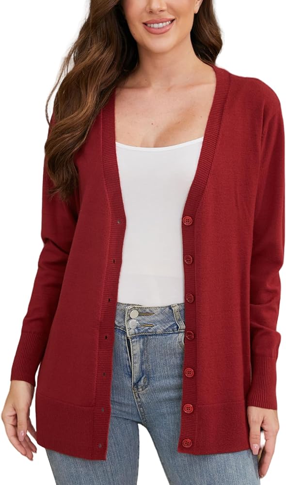 Lightweight Cardigan Sweaters for Women: Loose Buuton Down Ladies Cardigan V Neck Long Sleeve Plain Womens Cardigans