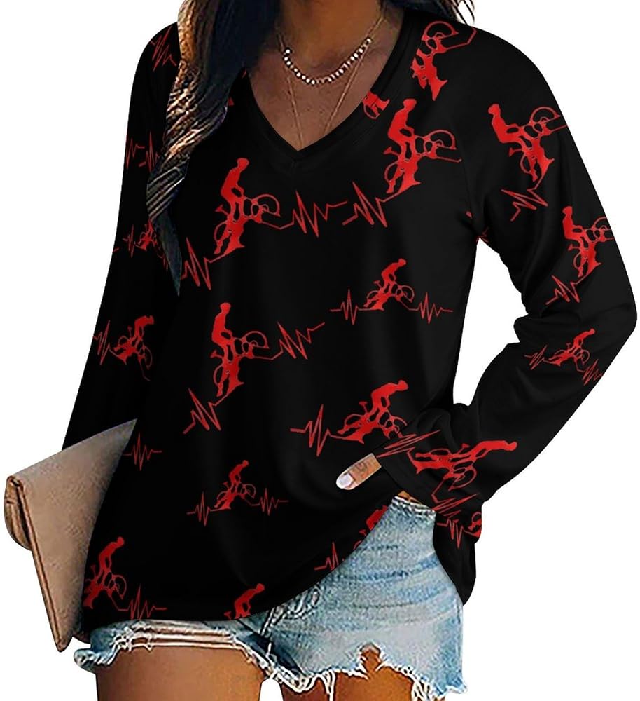 Mountain Bike Heartbeat Loose Womens Shirts Long Sleeve Tees Tops Casual V-Neck Graphic Blouses