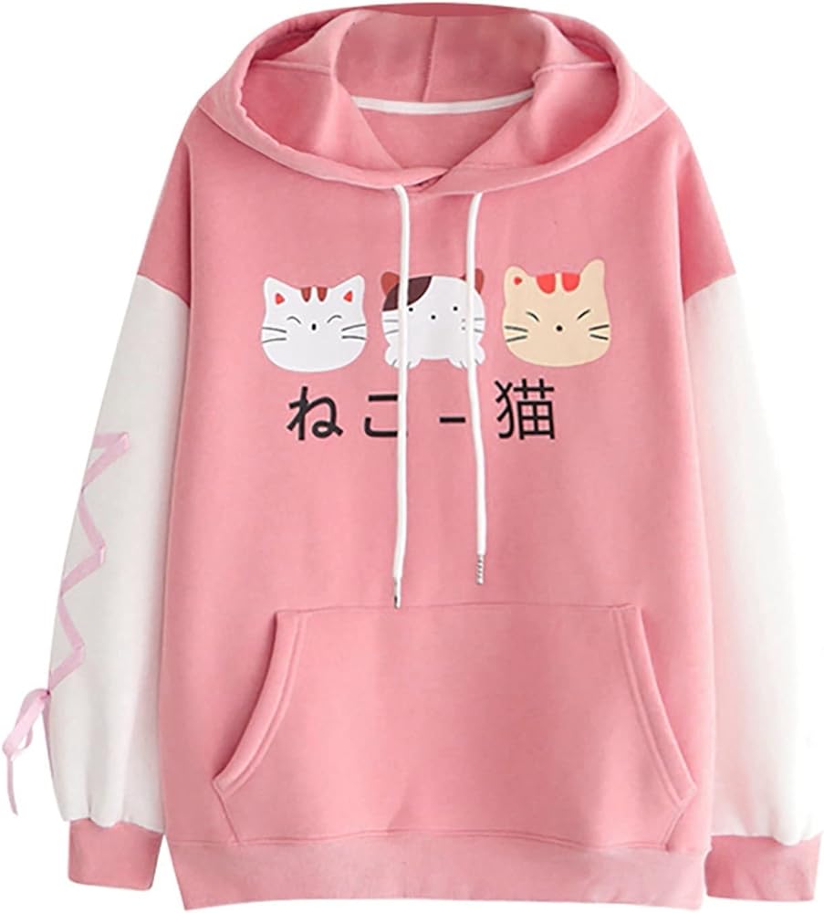 Women Hoodies Sweatshirt Japanese Kawaii Style Kitty Cat Print Hooded Pullovers Tops Long Sleeve for Womens