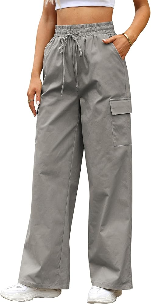 GRAPENT Womens Cargo Pants Wide Leg Baggy High Rise Pull On Elastic Waist Stretch Loose Pants with Pocket 90s Outfit Y2K