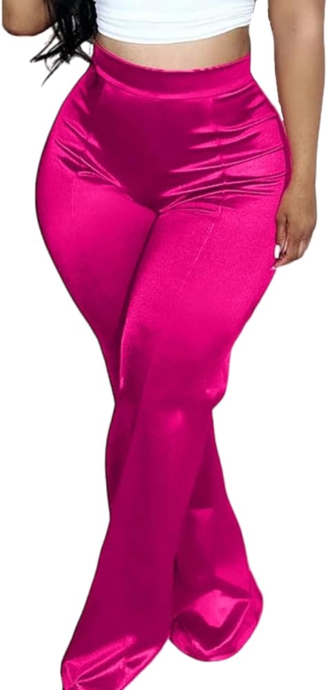 XZLUFNY Satin Pants for Women Solid High Waist Straight Leg Long Trousers Streetwear