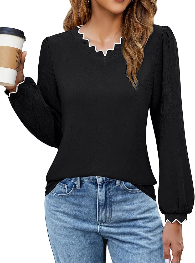 Blooming Jelly Womens Dressy Casual Long Sleeve Top Scalloped Work Blouse Puff Sleeve Business Shirts Fall Clothes