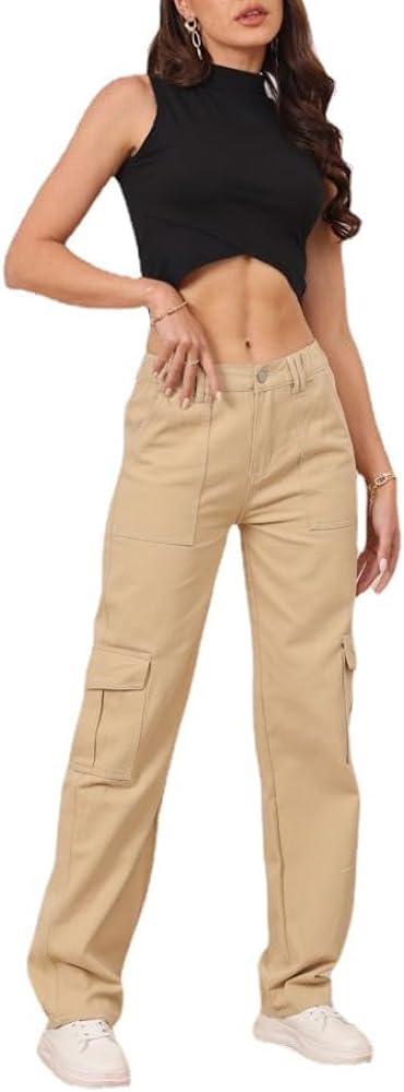 THWEI Cargo Pants for Women High Waisted Casual Pants Y2K Streetwear with 6 Pockets Khaki S