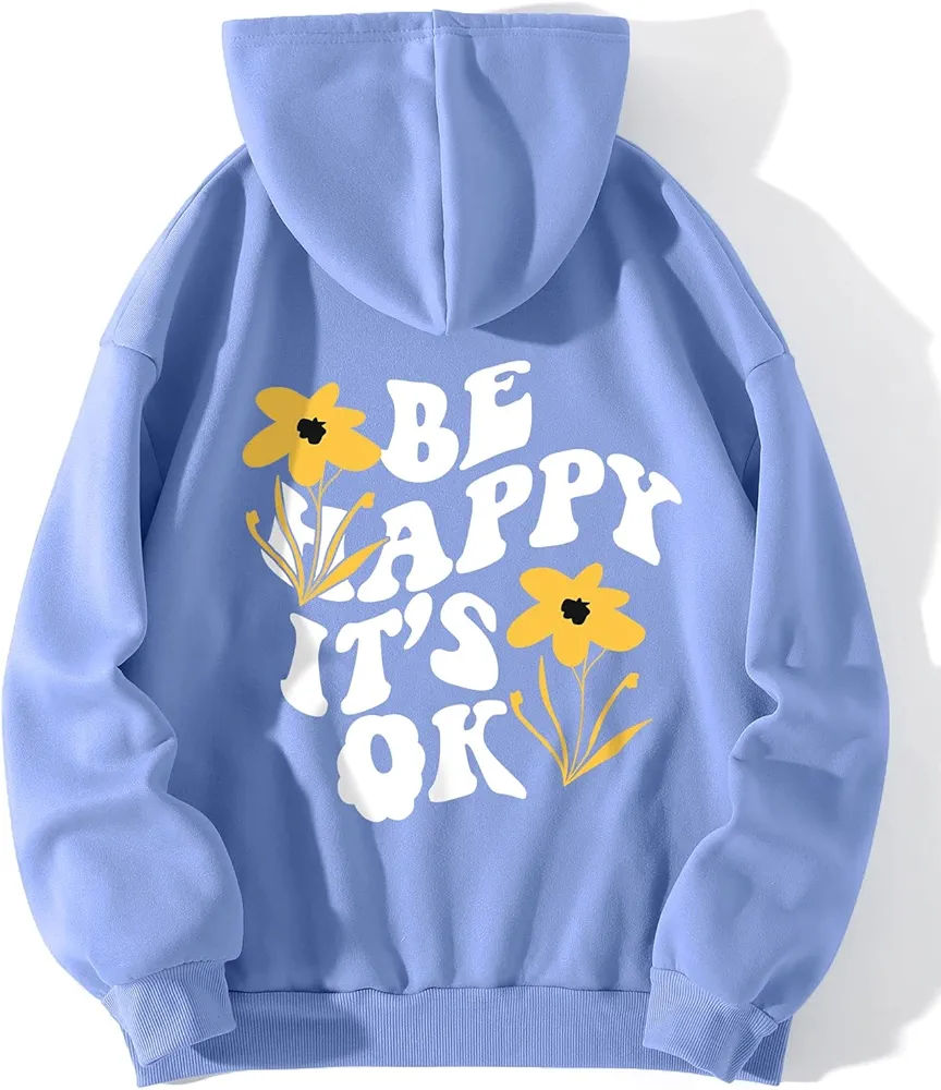 ABZEKH Women Sweatshirts Fashion Sweatshirts Flower & Slogan Graphic Kangaroo Pocket Drawstring Thermal Hoodie (Color : Blue, Size : X-Small)