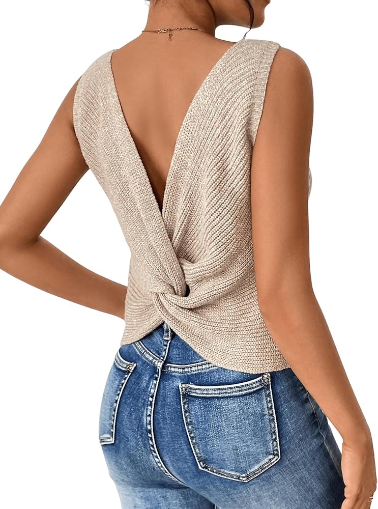 SweatyRocks Women's Twist Backless Tank Tops Round Neck Sleeveless Sweater Vests