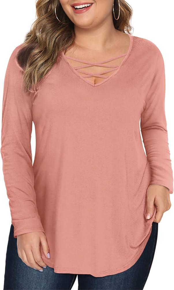 Amoretu Womens' Plus Size Tops with Long Sleeve Criss Cross Neck