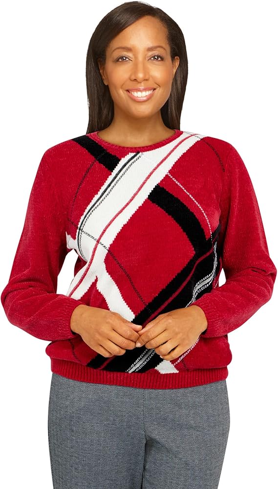 Alfred Dunner Women's Petite Womens Plaid Crewneck Long Sleeve Sweater