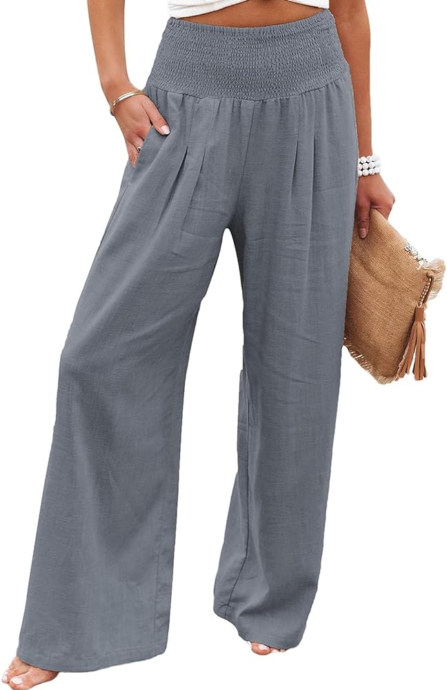 Chatinction Women Linen Palazzo Pants Flowy Wide Leg High Waist Lounge Boho Pant Trousers with Pockets