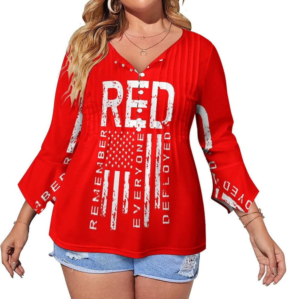 Remember Everyone Deployed Military R.E.D Cute Womens T-Shirts 3/4 Sleeve Button Down Tee Tops Blouse Summer Beach