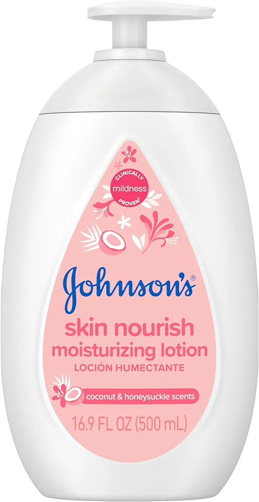 Johnson's Skin Nourish Moisturizing Baby Lotion for Dry Skin with Coconut & Honeysuckle Scents, Gentle, Lightweight Body Lotion for Babies, Kids & Adults, Hypoallergenic, 16.9 fl. oz