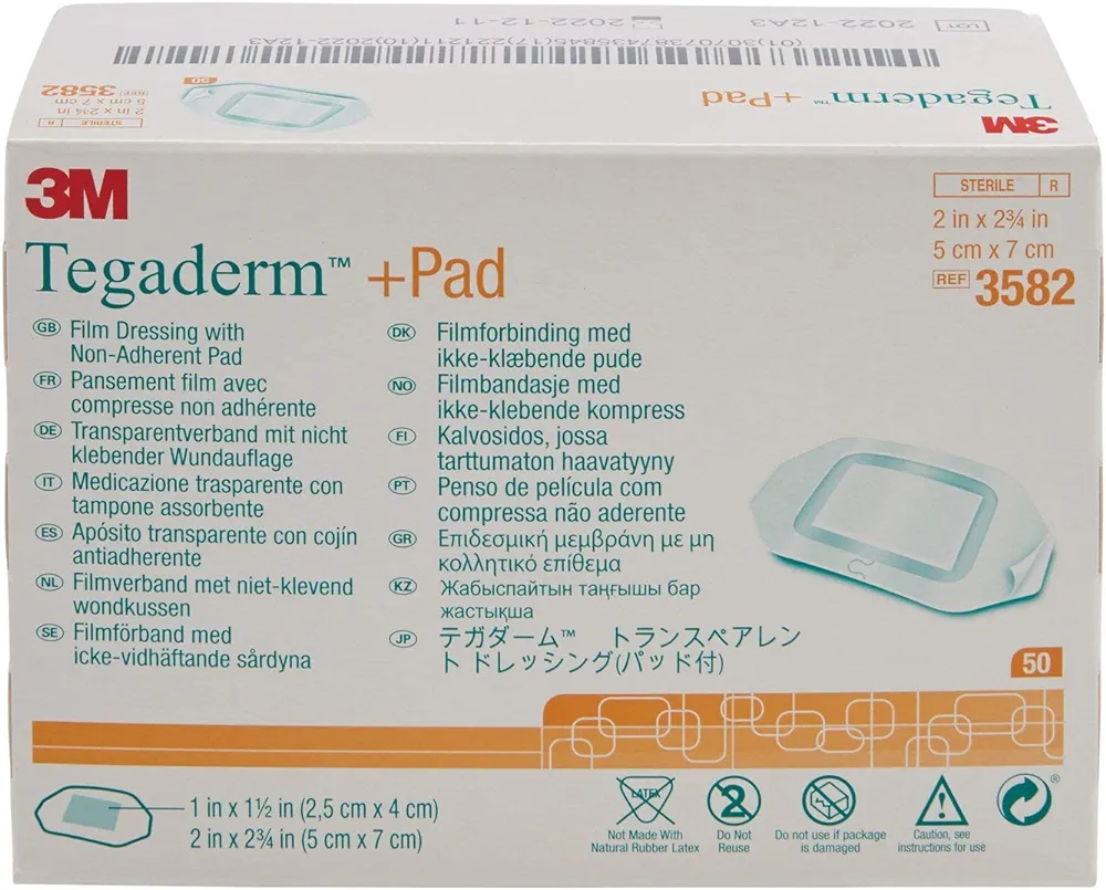 3M Tegaderm +Pad Film Dressing with Non-Adherent Pad, Sterile Dressing With Waerproof Bacterial Barrier and Absorbent Pad, 2" Square, Box of 50